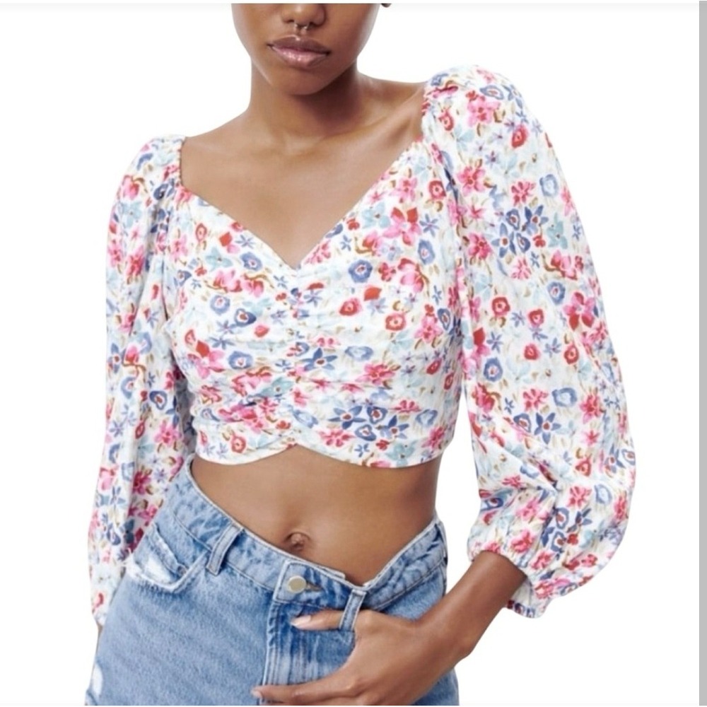 Zara floral linen blend tie back crop top